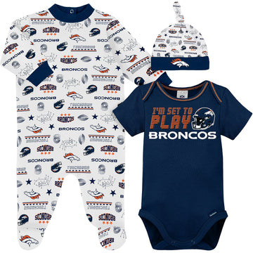 Gerber Nfl Denver Broncos 3 Pack Bodysuit Sleep N Play Footie Cap Registry Gift Set, Blue/White/Orange Denver Broncos, 3-6M
