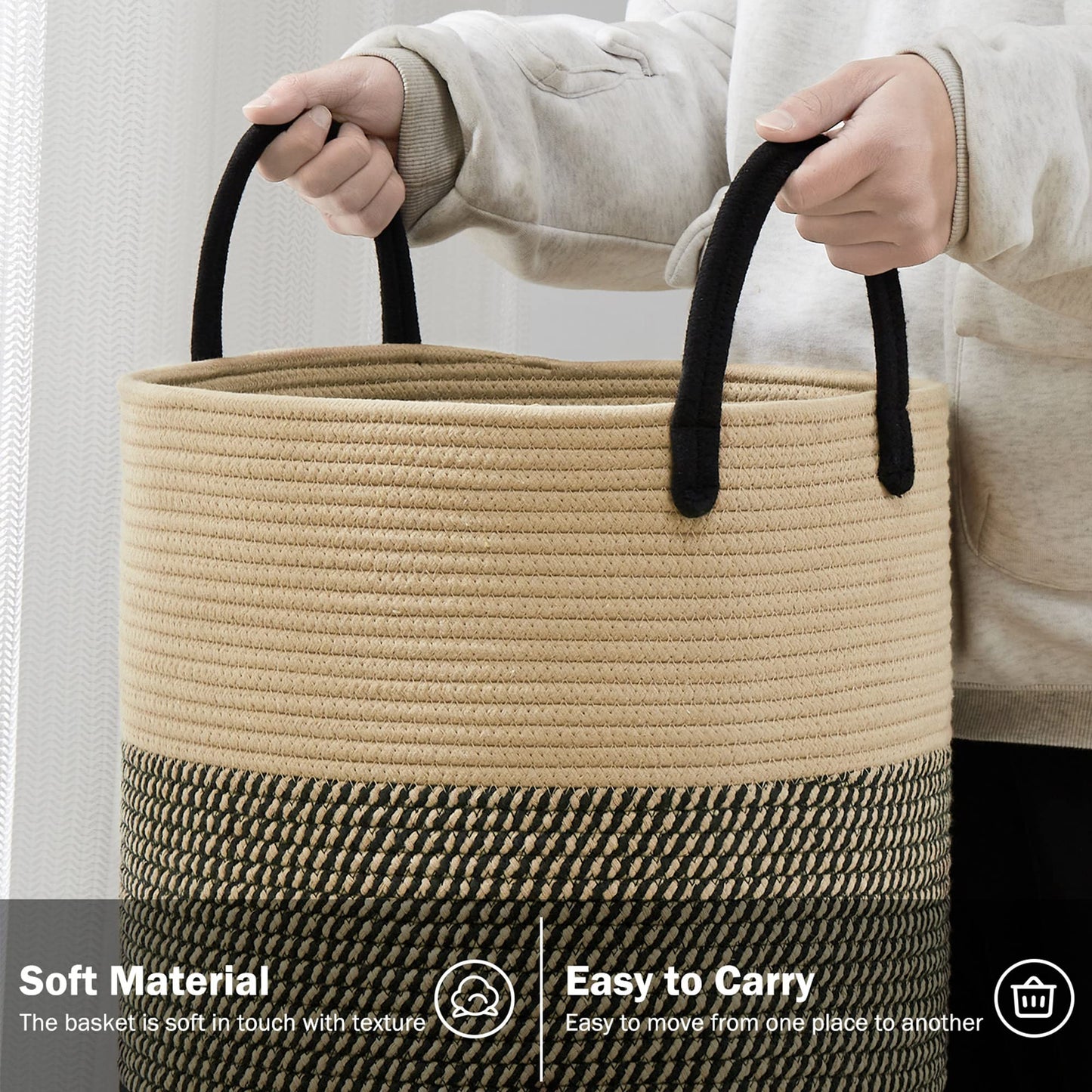 Woven Rope Laundry Hamper Basket By Youdenova, 58L Tall Luandry Basket, Baby Nursery Hamper For Blanket Storage, Clothes Hamper