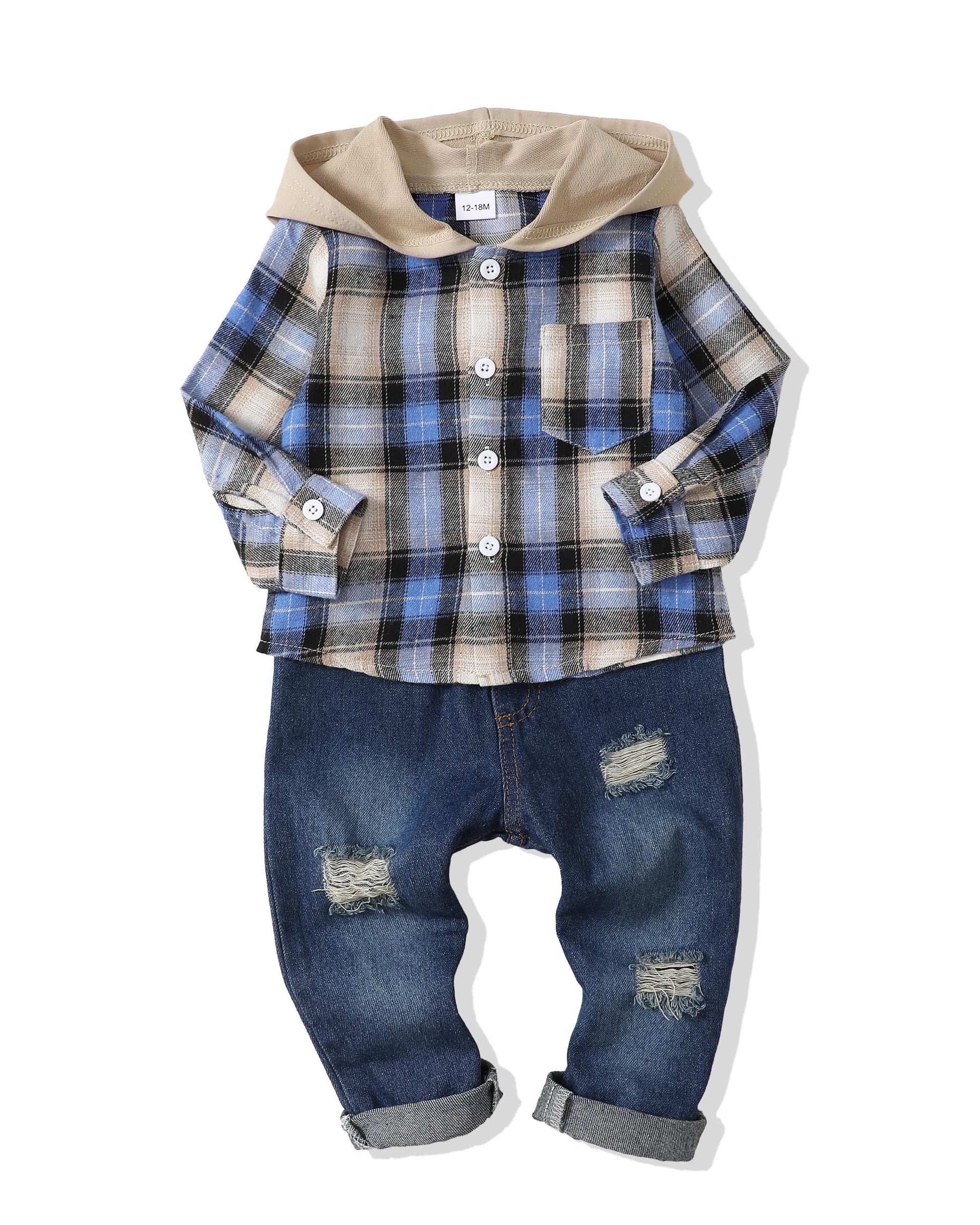 Renotemy 18 Months Boy Clothes 24 Month Boy Clothes Winter Toddler Boy Outfits 2T Flannel Plaid Hooded Sweatshirt Denim Pants Se