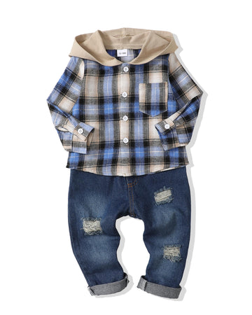 Renotemy 18 Months Boy Clothes 24 Month Boy Clothes Winter Toddler Boy Outfits 2T Flannel Plaid Hooded Sweatshirt Denim Pants Se