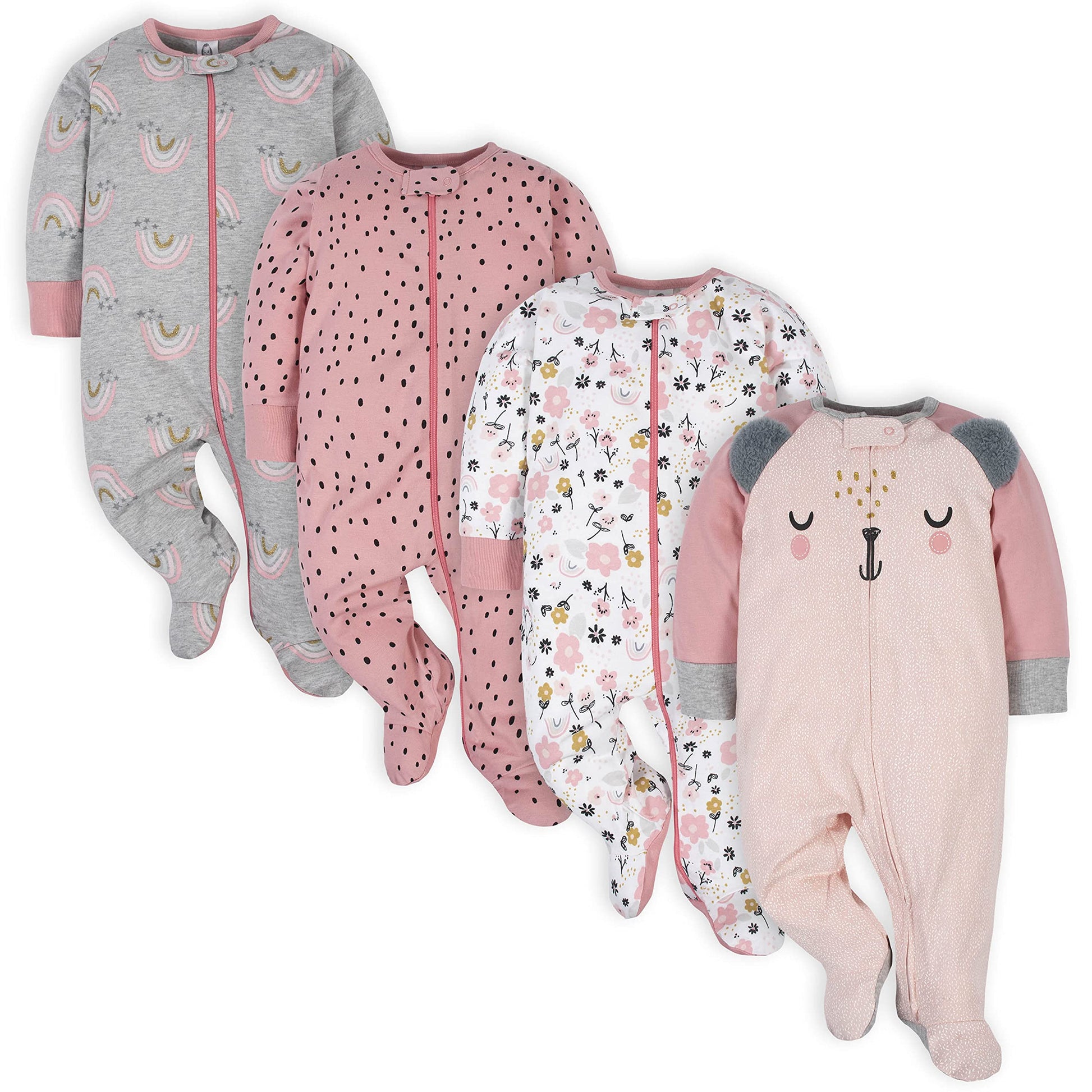 Gerber Baby Girls 4 Pack Sleep N Play Footie Bear Pink Newborn
