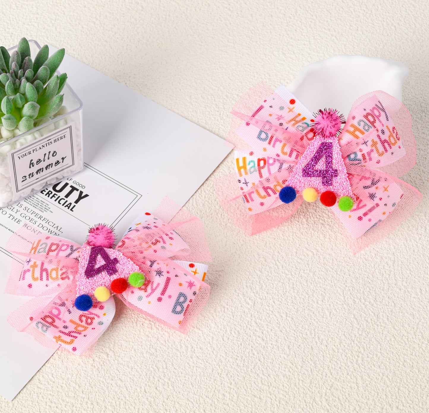 Birthday Hair Clips - 2Pc Pink Glitter Bow Hair Clips With Mesh Material And Colorful Balls For 4Th Birthday Baby Bow Party Deco
