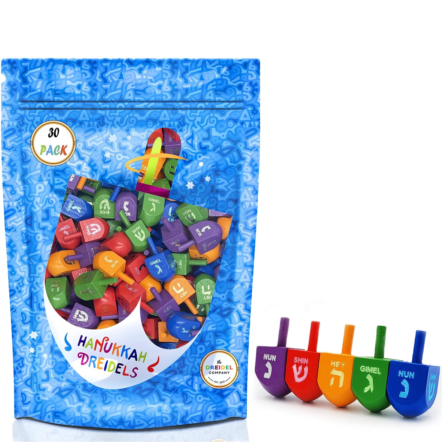 The Dreidel Company Wood Multi-Colored Dreidels Medium Sized Hanukkah Draydels With English Transliteration (30-Pack)