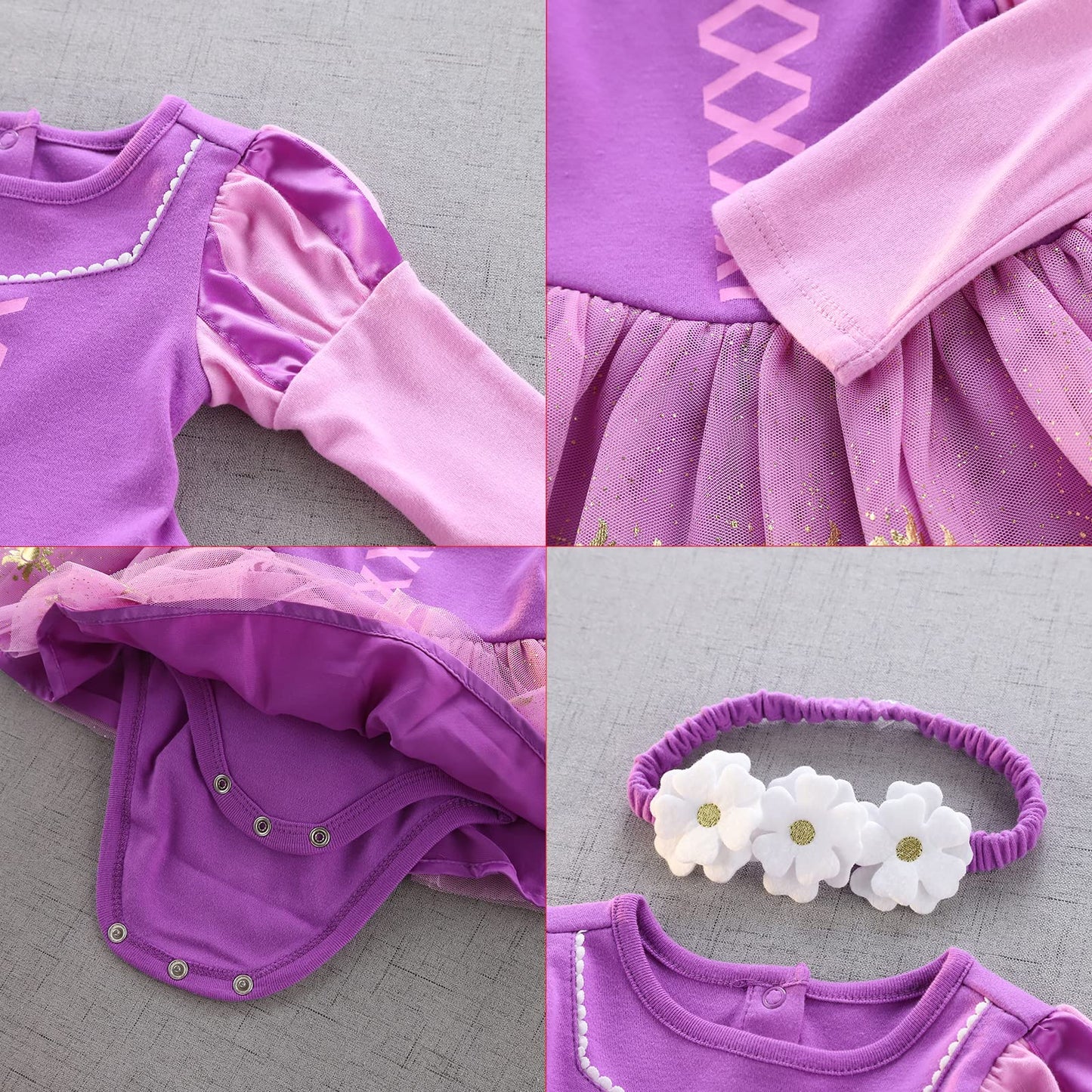Dressy Daisy Baby Girls Princess Onesie Costume Romper Bodysuit Halloween Birthday Dress Up With Headband Purple Size 3-6 Months