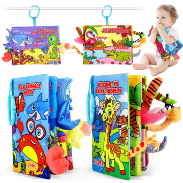 Vanmor Soft Baby Books for 0-18 Month Olds - 2PCS Crinkle Cloth Books with Forest & Ocean Themes, Tummy Time Toys for Infants, S