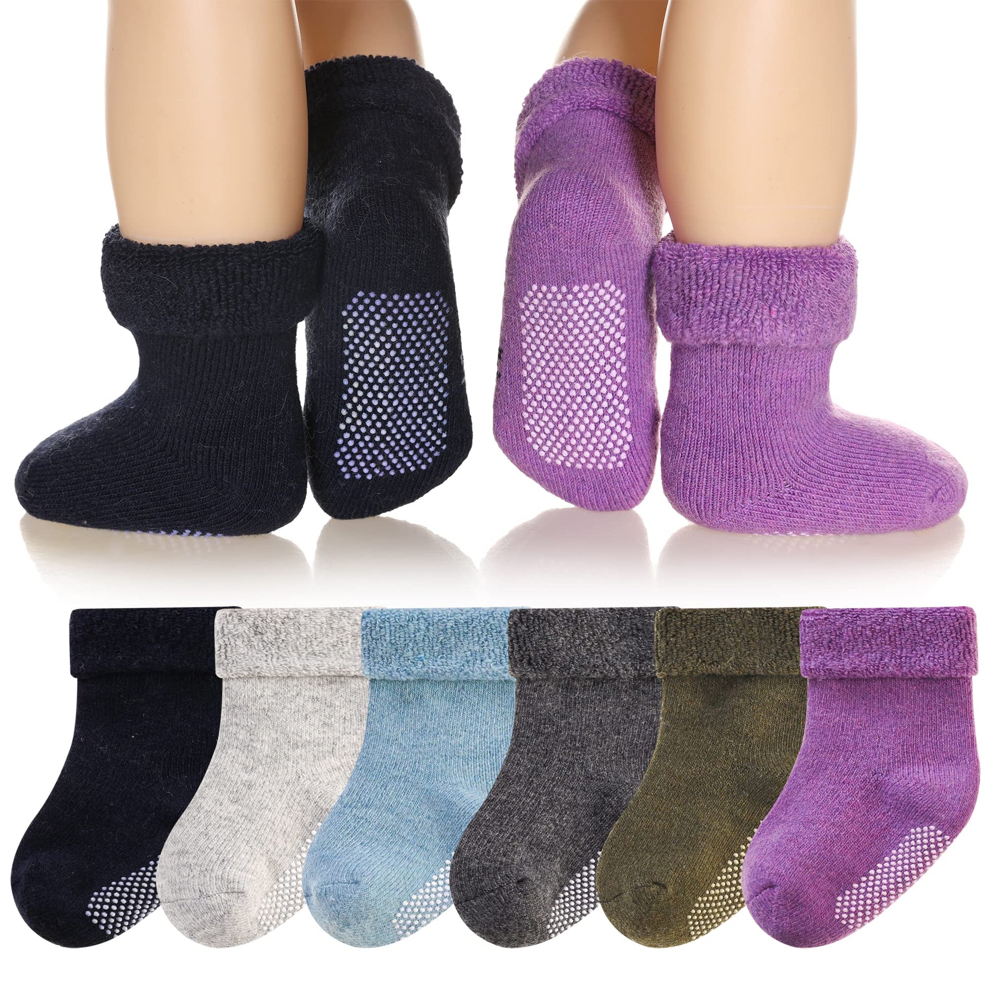 Eyean Baby Wool Grip Sock Soft Winter Warm Thick Non Slip Toddler Boy Girls Crew Socks For Children 6 Pairs (Solid Color-C, 1-3