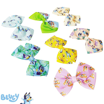 Bluey Kids Hair Bows - Hair Accessories Gift Set- 7 Pcs 4 Inch Bow Bundle- For Girls- Different Print On Each Clip- Alligator Cl