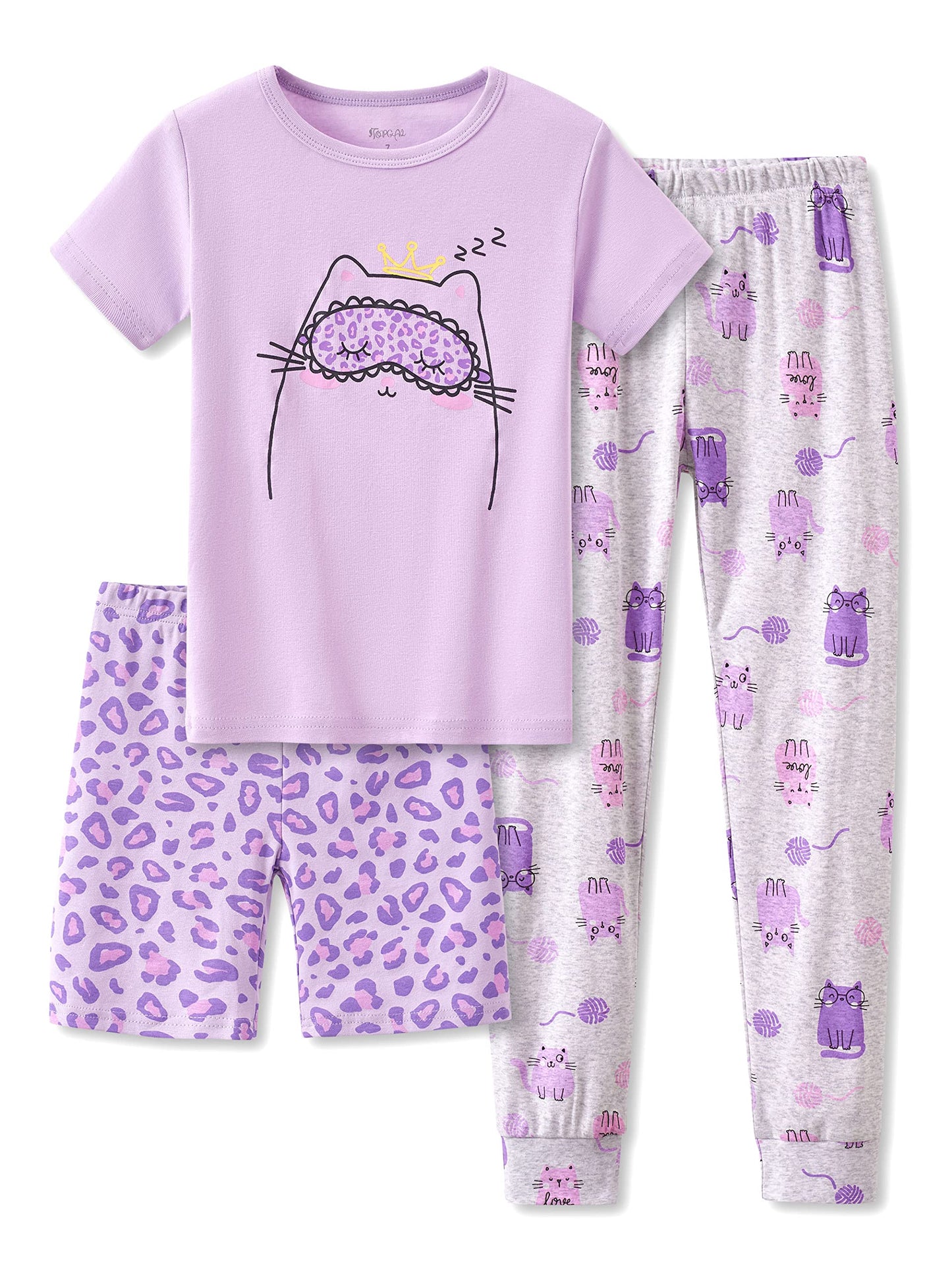 Topgal Little & Big Girls Cotton Knit Pajama 3Piece Shorts Pants Summer PJ Set Size 414, Purple Kittten, 8