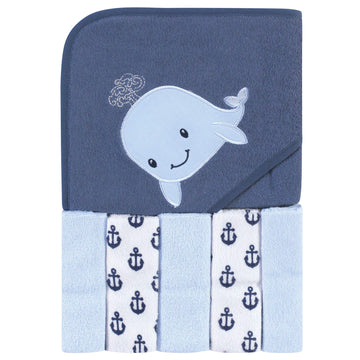 Hudson Baby Unisex Baby Hooded Towel And Five Washcloths, Sailor Whale, One Size