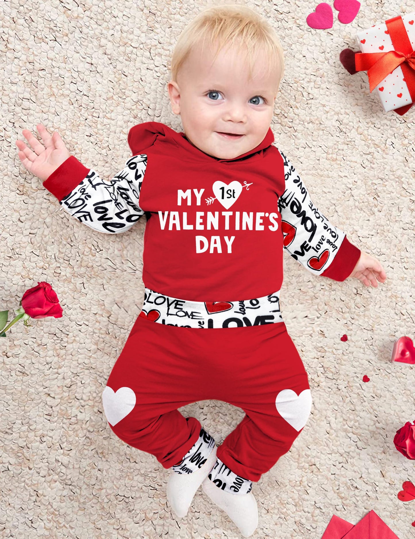 Baby Boy Valentines Day Outfit 9-12 Months My First Valentines Day Baby Boy Outfit Red Hoodie Love Pants Baby Valentines Day Gif