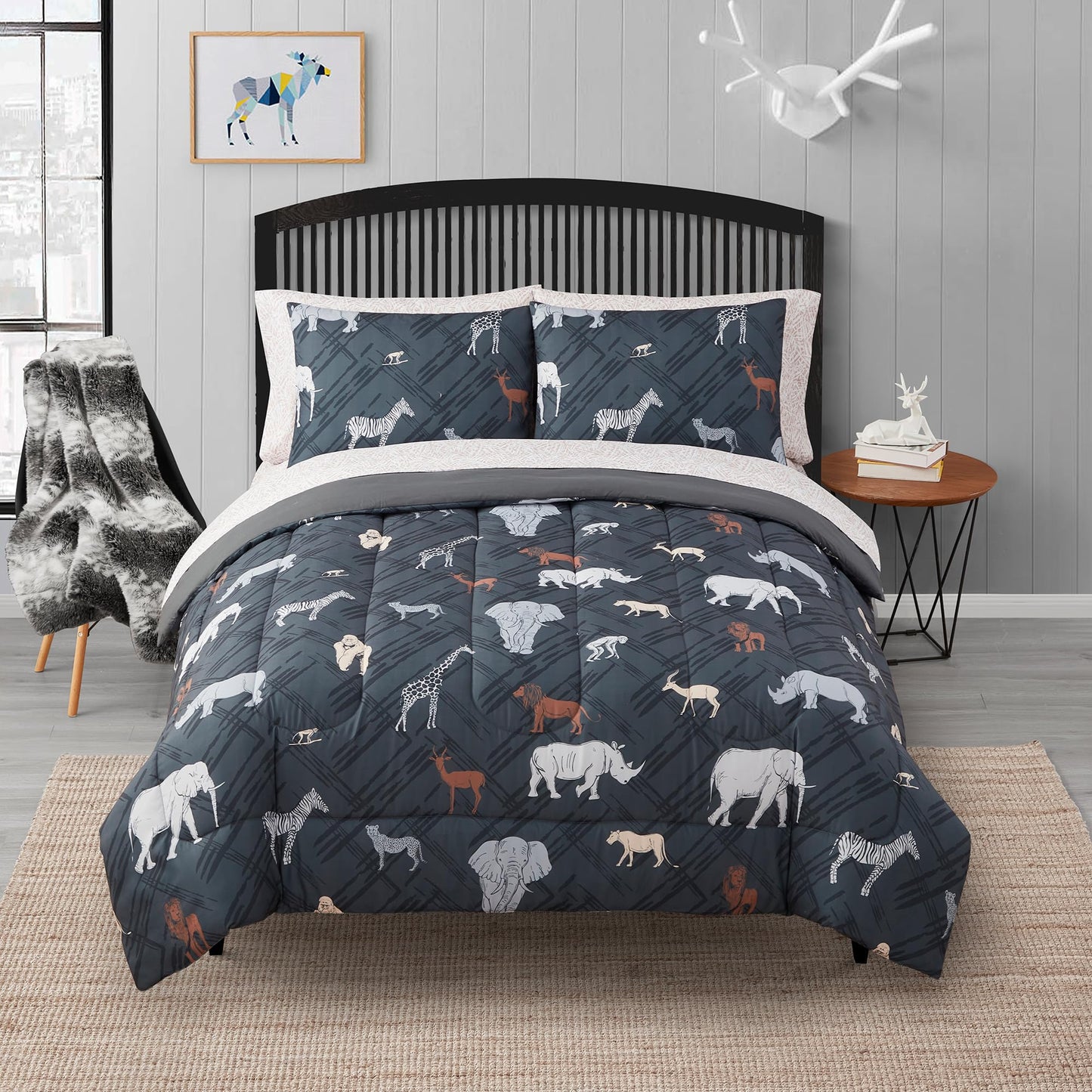 Kids Bedding Set Bed In A Bag For Boys And Girls Toddlers Printed Sheet Set And Comforter, Full, Safari