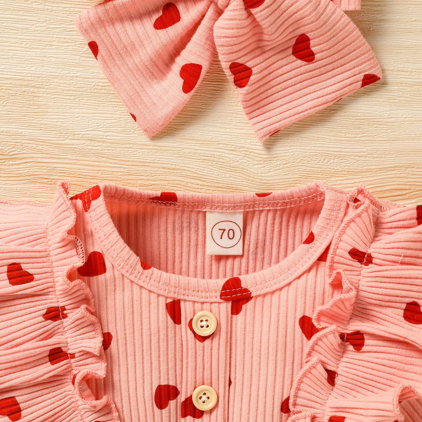 Grnshts Valentine'S Day Newborn Baby Girl Clothes Ruffle Heart Print Romper Long Sleeve Button Bodysuit+Hairband+Socks 3Pcs Outf