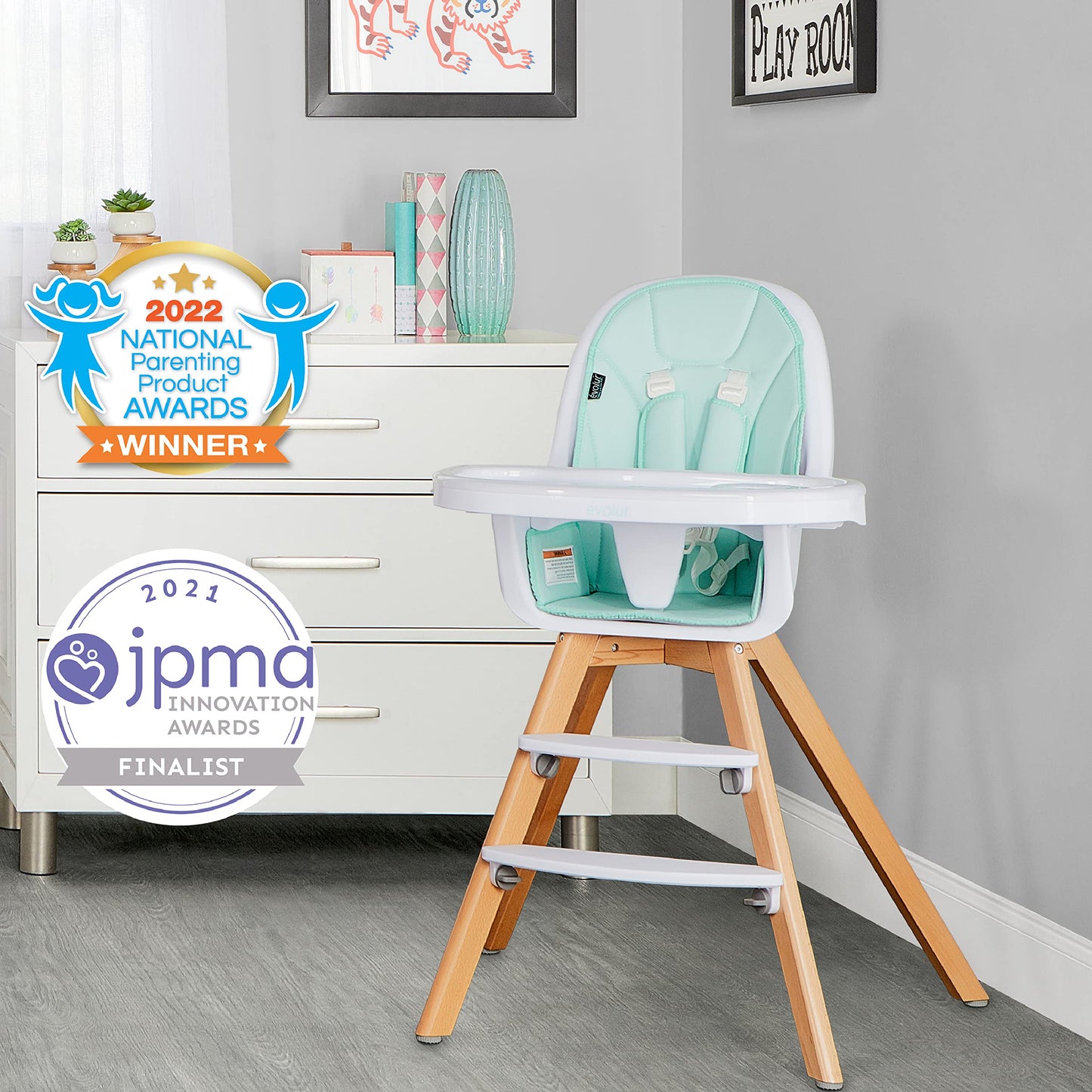 Evolur Zoodle 2 in 1 Convertible Baby High Chair in Mint