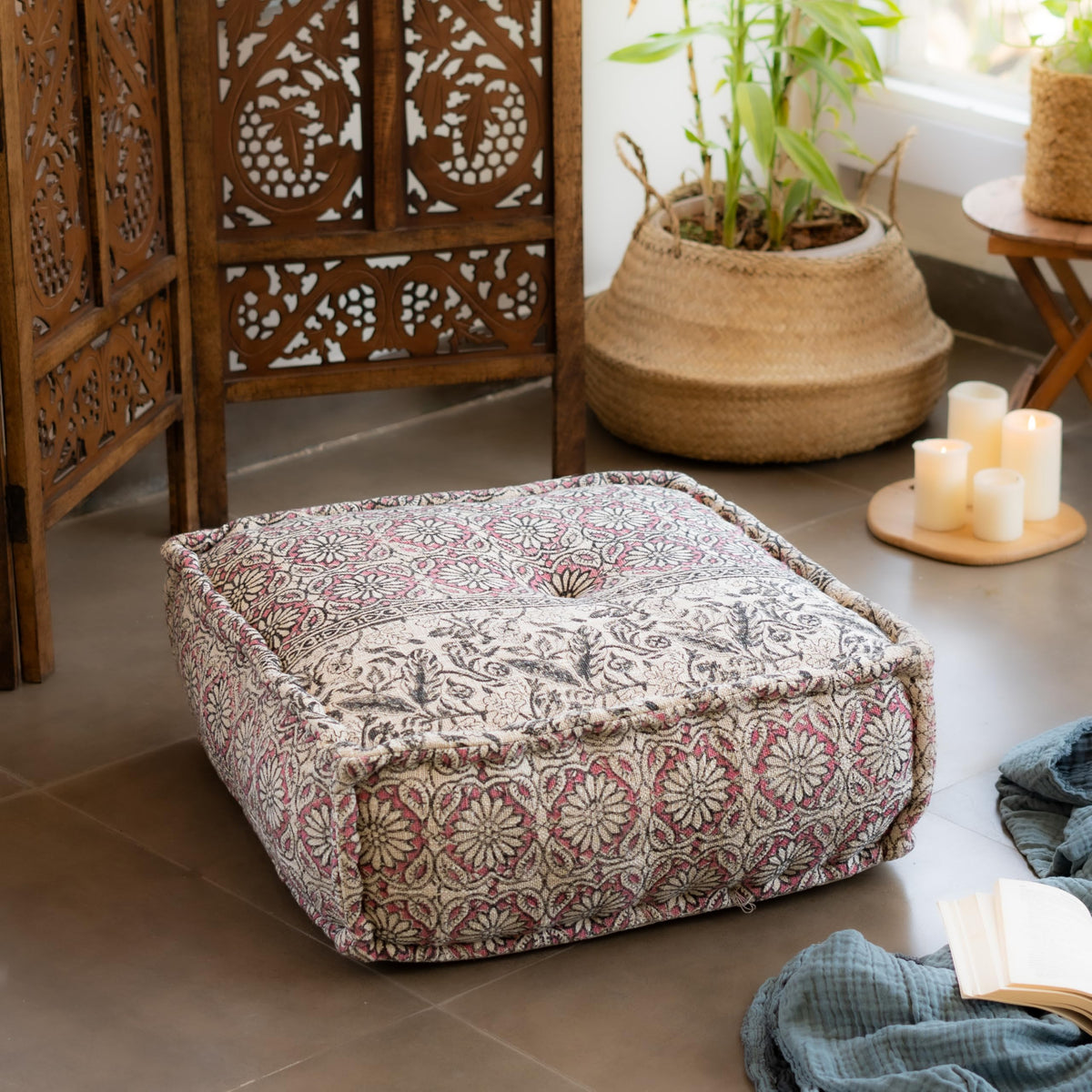 RITUALISTIC Hand Block Print Square Floor Cushion | Floor Cushions for Living Room,Meditation,Reading Nook & Yoga | Home Decor A