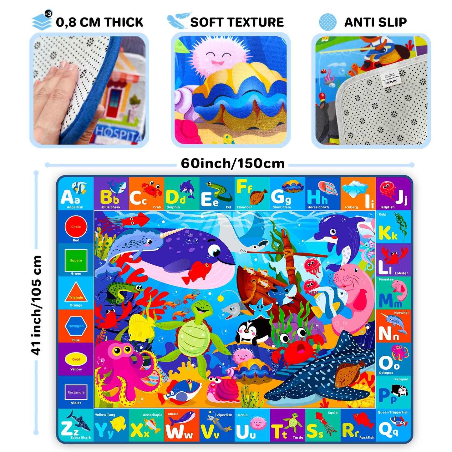 Quokka Baby Play Mat For Floor - Ocean Abc Rug For Kids Toddlers Infants - Extra Thick Large Padded Non-Slip Nursery Rug For Bab
