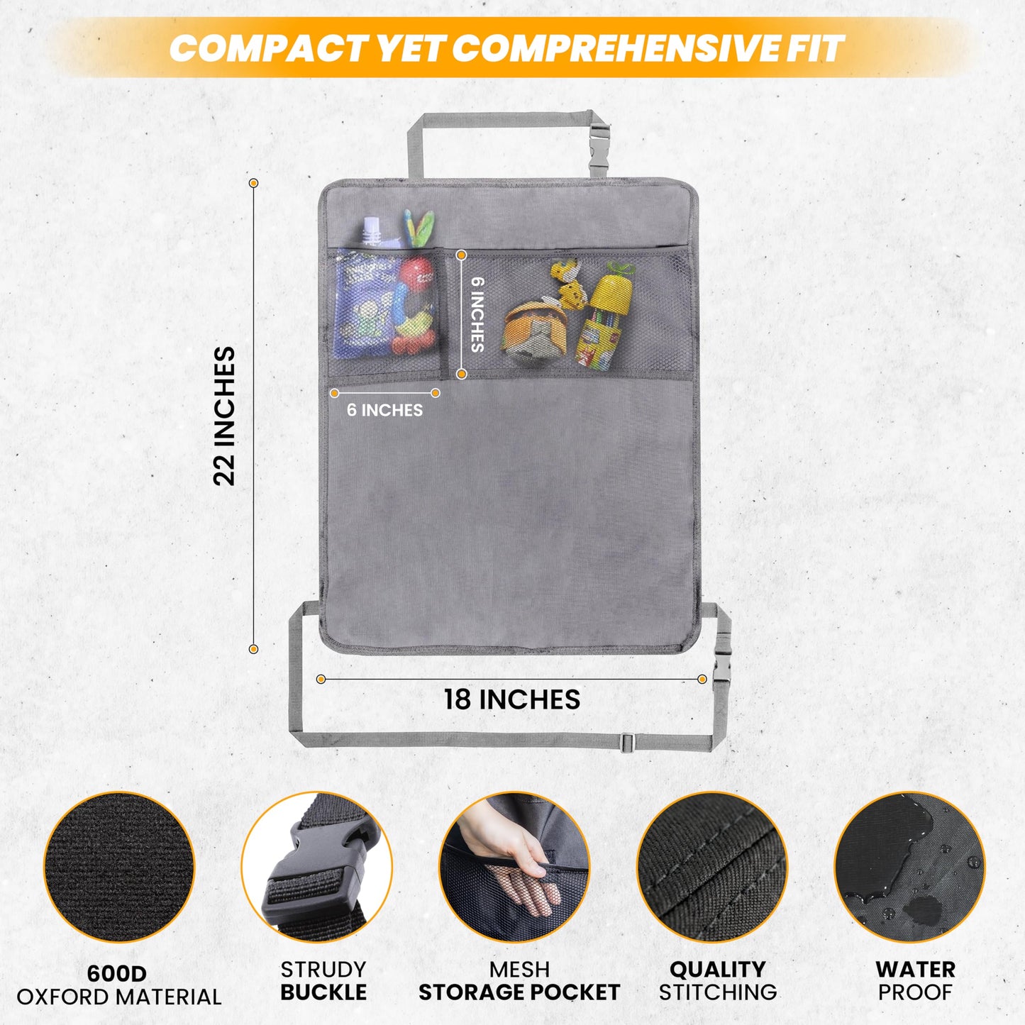 Econour 2-Pack Back Of Seat Protector For Kids Feet | Grey Oxford Fabric Car Kick Mats With 2 Pocket Organizer | Seat Protector