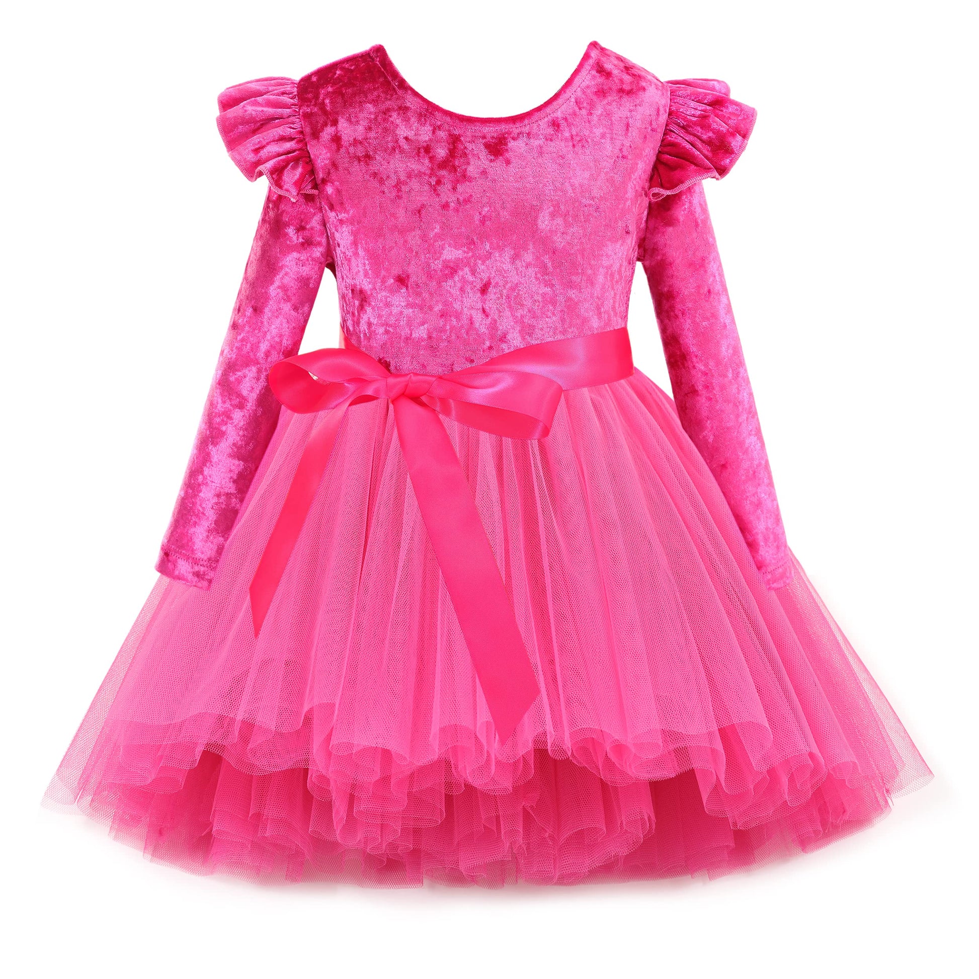 Flofallzique Baby Girls Velvet Dress Long Sleeves Ruffle Toddler Tulle Dress For Birthday Party (2,Hot Pink)