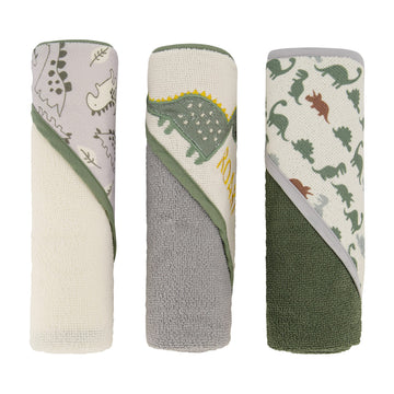 Cudlie Buttons & Stitches Baby Boy 3 Pack Rolled/Carded Hooded Towels In Dino Roar Print (Gs71721)