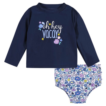 Gerber Baby Girl'S Toddler Long Sleeved Rashguard Swim Bathing Suit Set, Purple Floral Shell, 24 Months