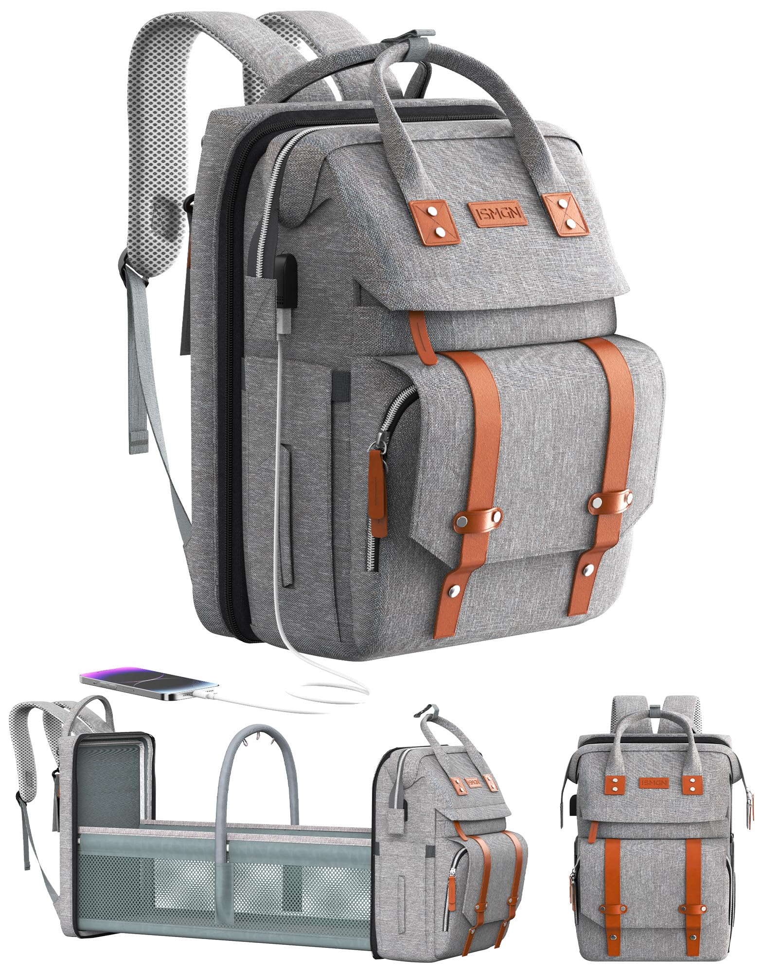 Ismgn Diaper Bag Backpack With Changing Station, Large Diaper Bag, Baby Bag, Multifunctional Diaper Bag, Gray