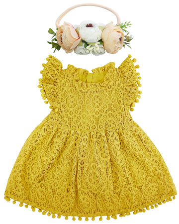 Bgfks Baby Girl Tutu Dress Elegant Lace Pom Pom Flutter Sleeve With Flower Headband Set(Mustard Yellow,12 Months)