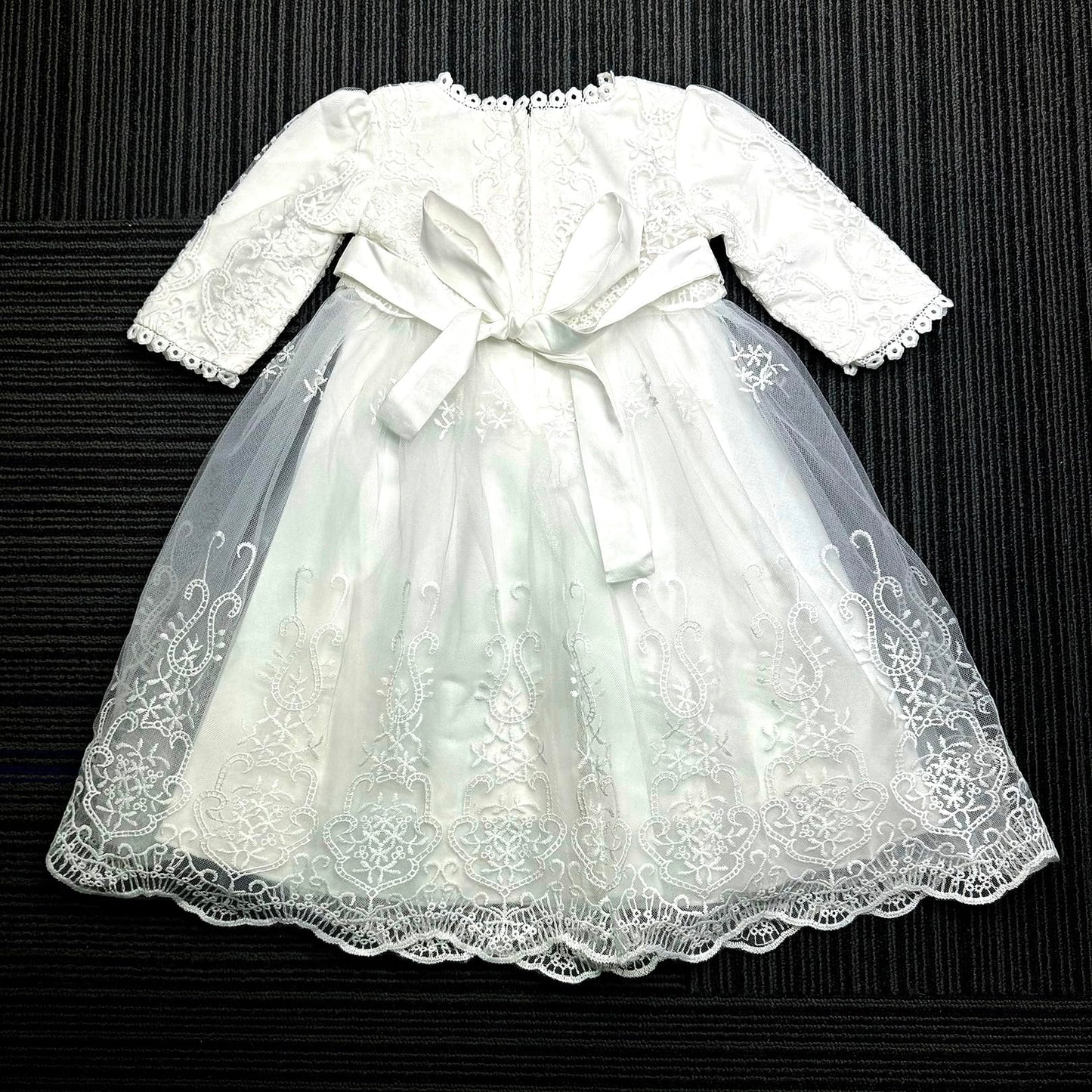 Baby Girls Long Sleeve Christening Dress Classic Embroidered Baptism Tulle Dress With Bonnet Ivory Size 6M