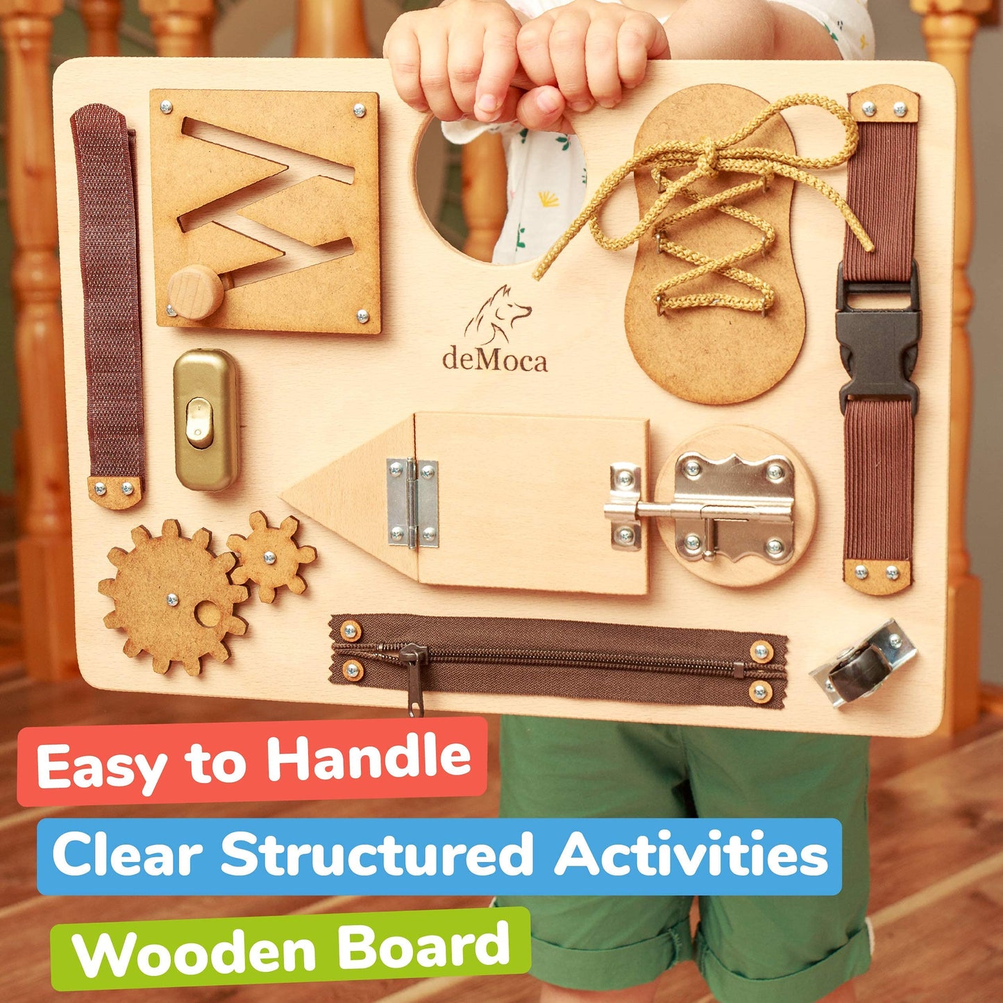 deMoca Montessori Busy Board for Toddlers, Wooden Sensory Toy - Toddler Preschool Learning Activities for Fine Motor Skills Trav