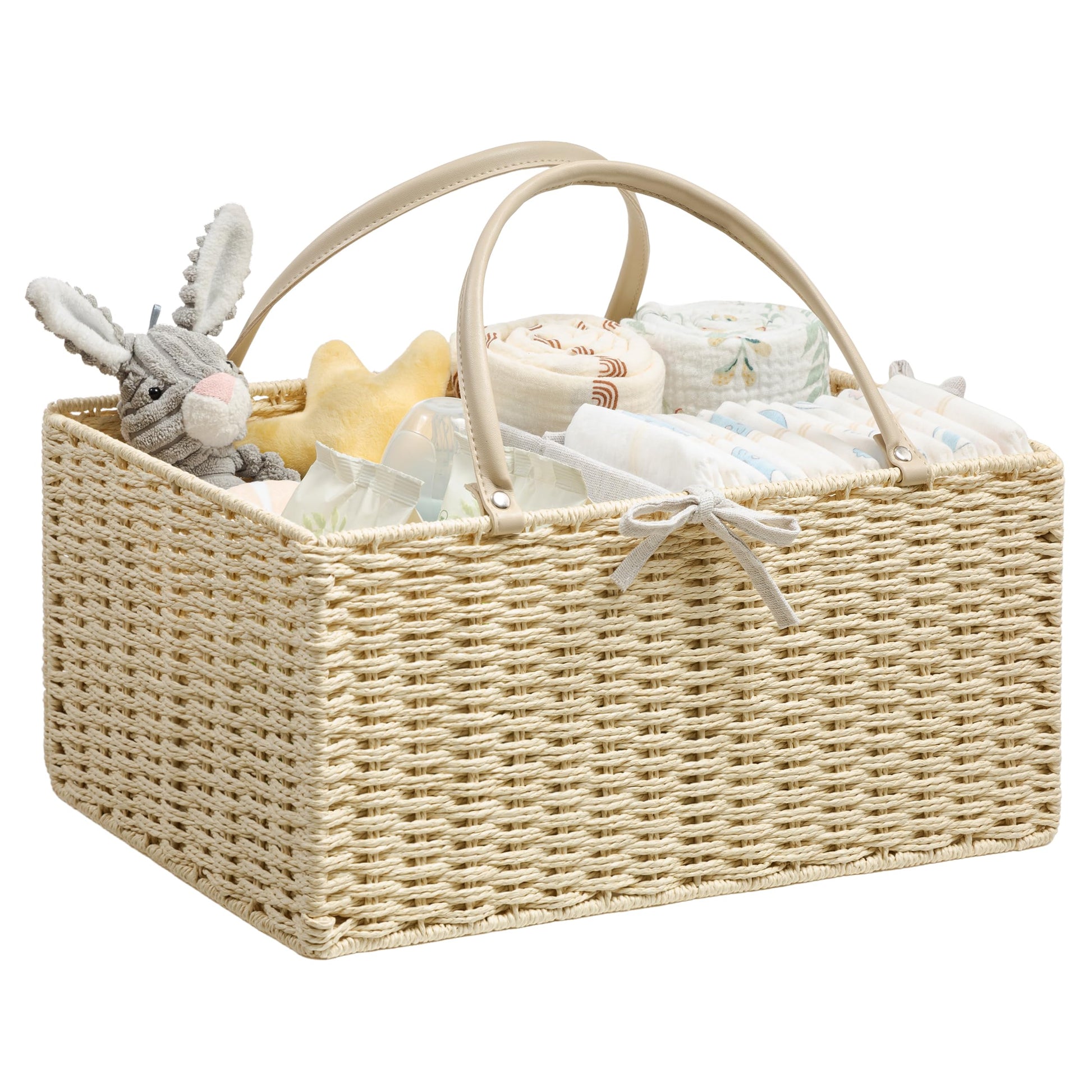 Angelhood Paper Rope Diaper Caddy, Baby Essentials Organizer, Portable Baby Shower Baskets Gift Bin, Car Storage Bag for Nursery