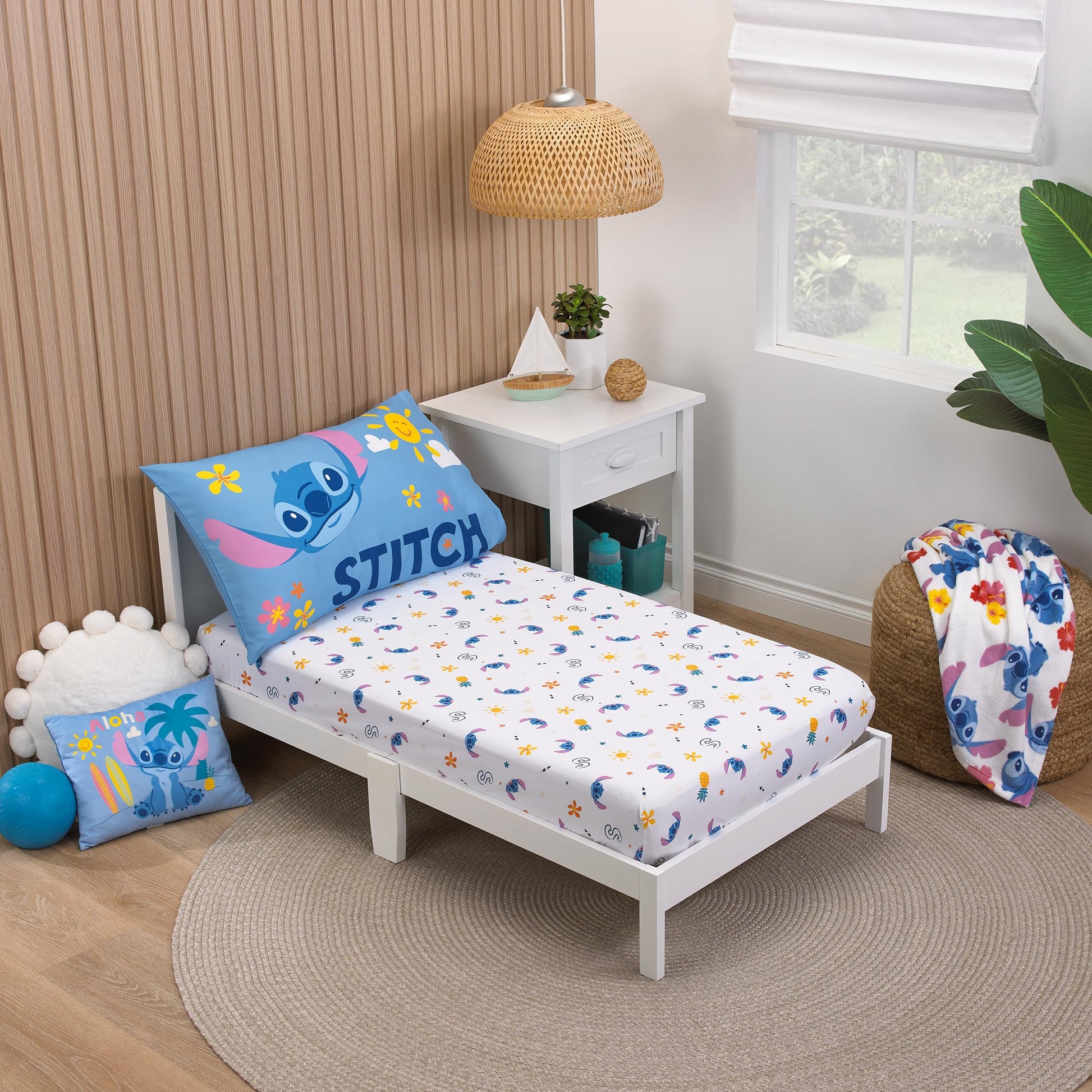 NoJo Disney S is for Stitch 2 Piece Toddler Sheet Set - Fitted Bottom Sheet and Pillowcase, Blue, Pink, Yellow, White