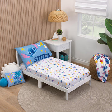 NoJo Disney S is for Stitch 2 Piece Toddler Sheet Set - Fitted Bottom Sheet and Pillowcase, Blue, Pink, Yellow, White