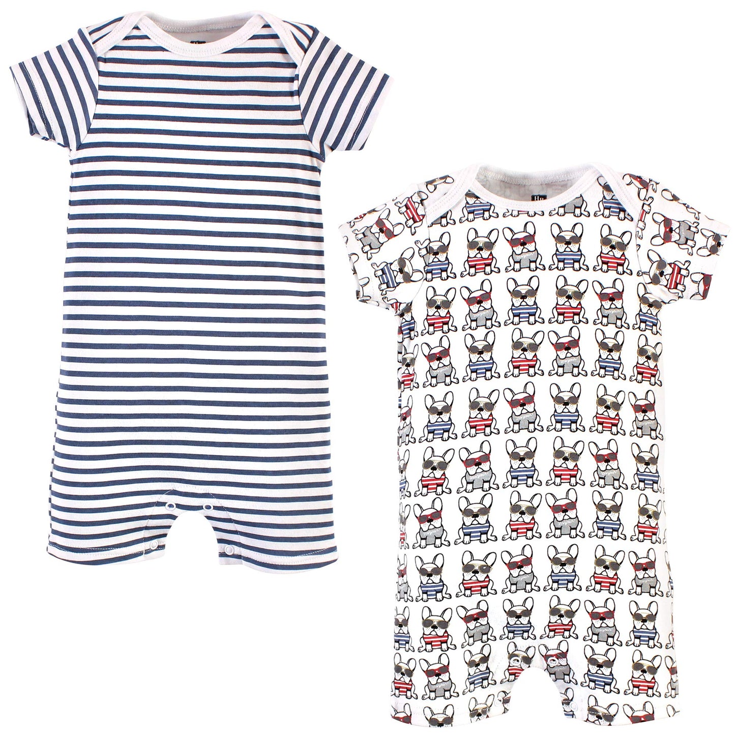 Hudson Baby Unisex Baby Cotton Rompers, French Dog 2-Pack, 9-12 Months