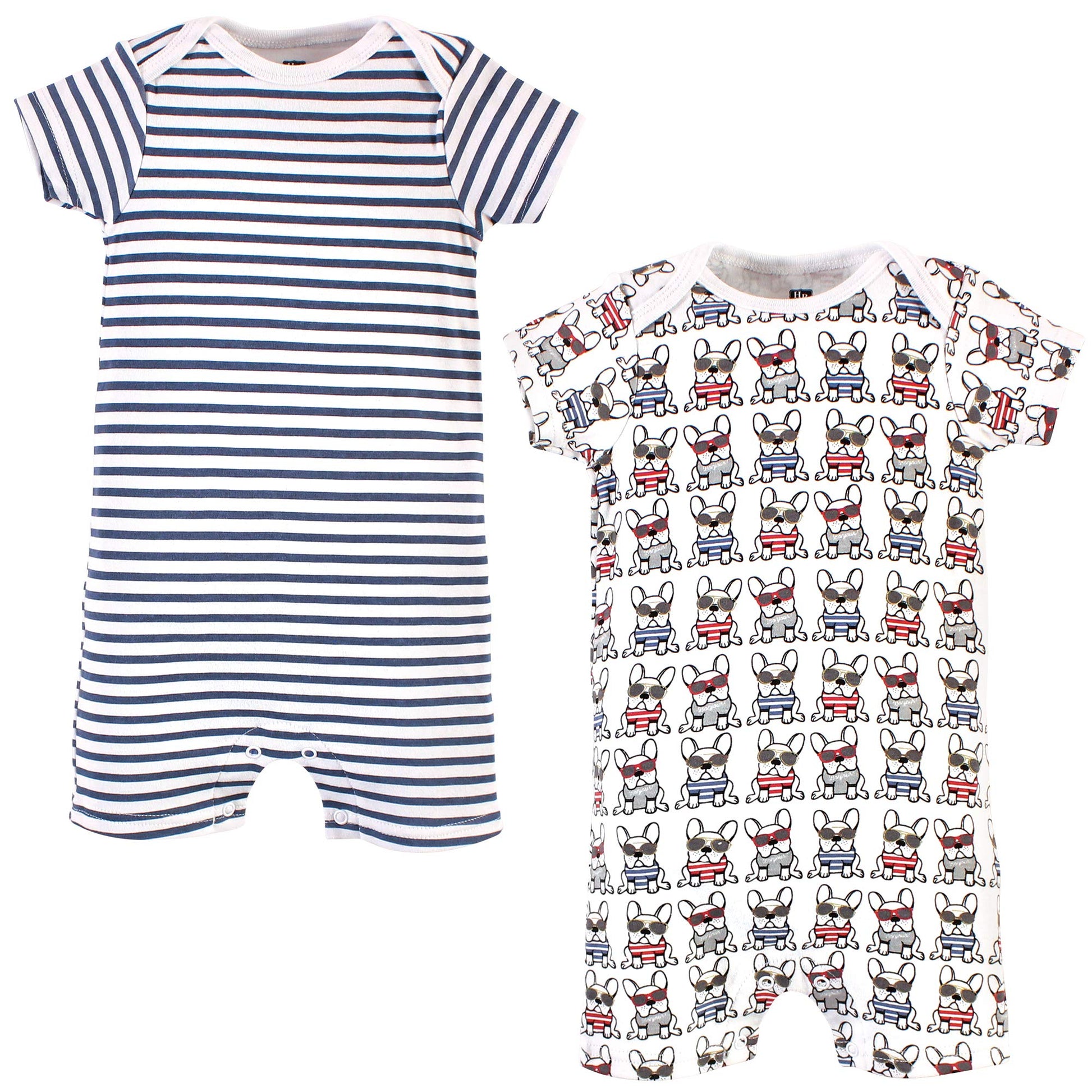 Hudson Baby Unisex Baby Cotton Rompers, French Dog 2-Pack, 6-9 Months