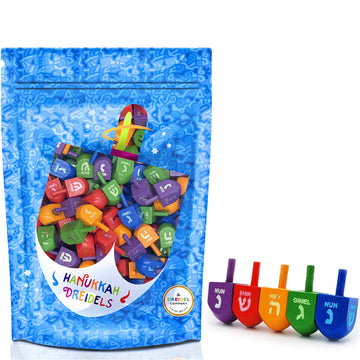 The Dreidel Company Wood Multi-Colored Dreidels Medium Sized Hanukkah Draydels With English Transliteration (100-Pack)