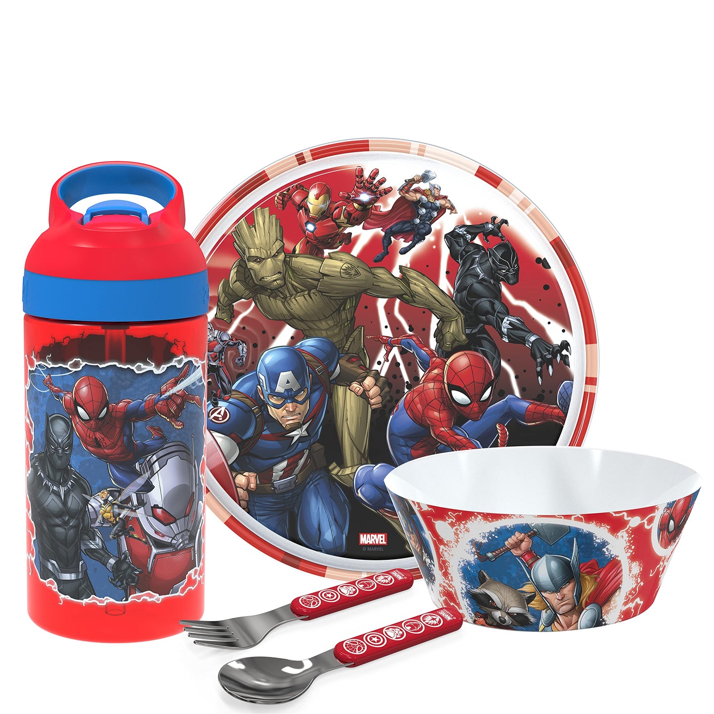 Zak Designs 5-Piece Dinnerware Set, Marvel Universe - Durable Plastic & Stainless Steel - Includes Water Bottle, 8-Inch Plate, 6
