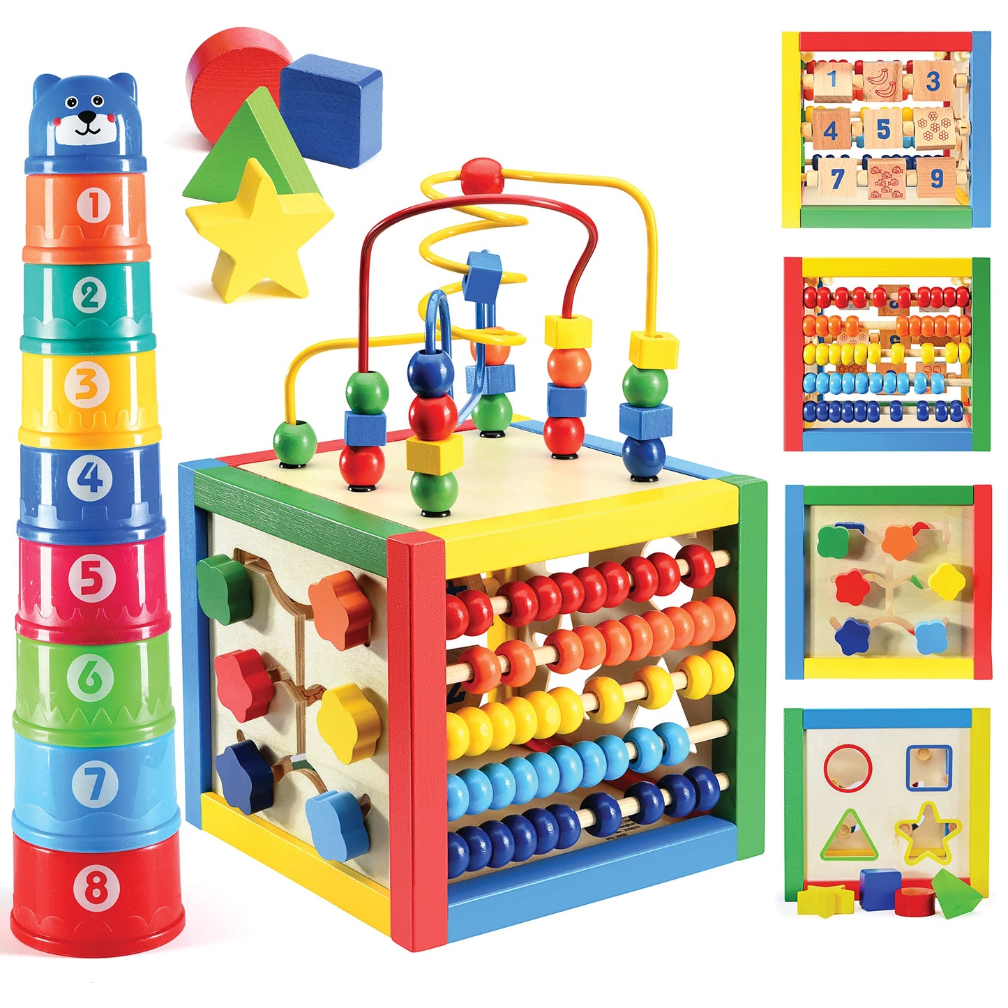 Wooden Activity Play Cube 6 in-1 for Baby with Removable Bead Maze, Shape Sorter, Abacus Counting Beads & Numbers, Sliding Shape