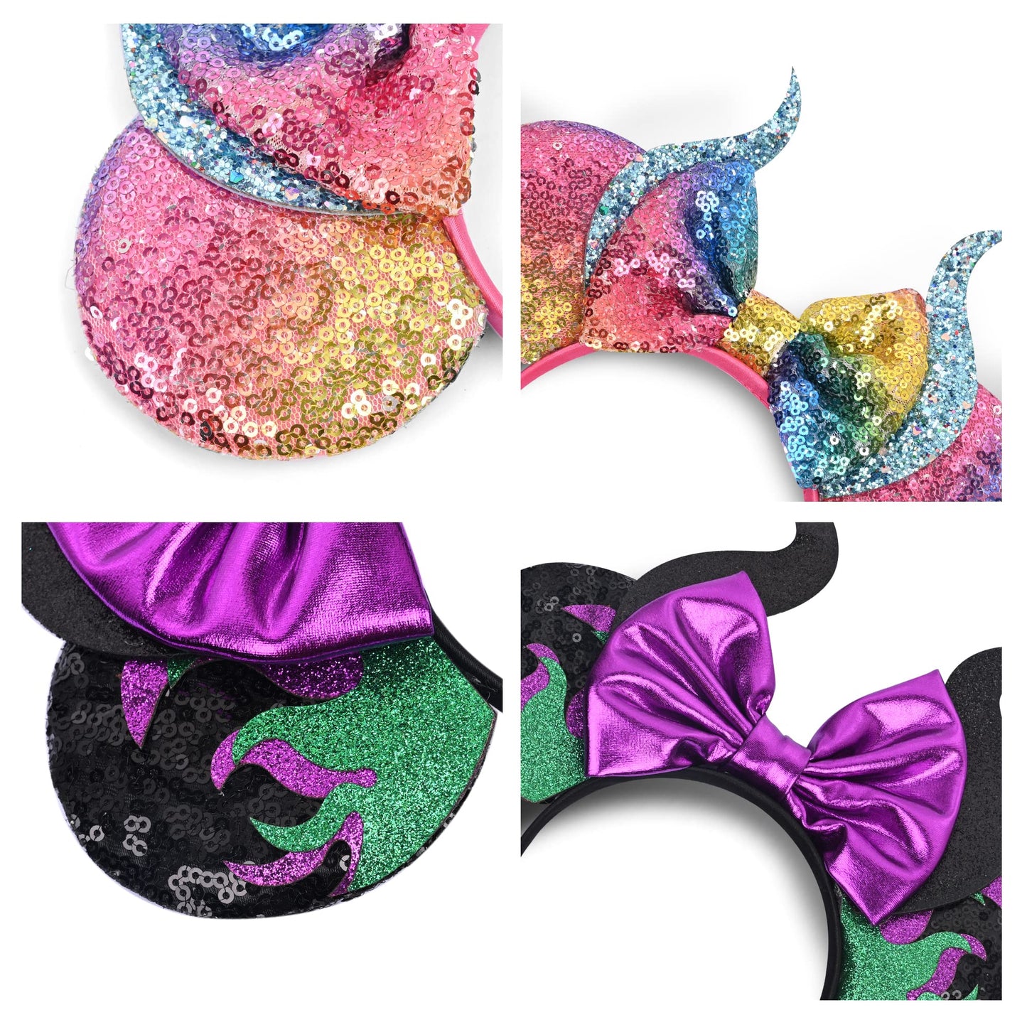 Wispark 2 Pack Halloween Headband For Girls Cute Maleficent Horn Mouse Ears Bow Headbands For Girls Hair Accessories For Women C