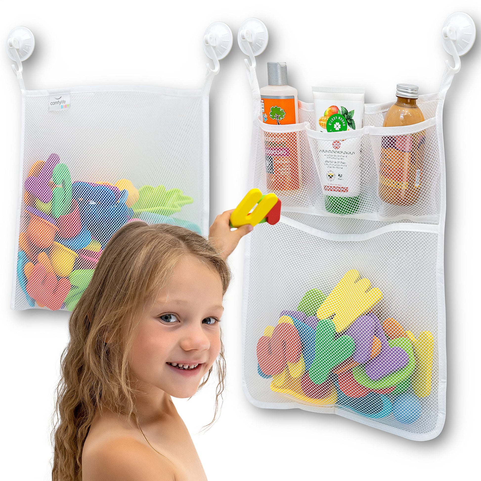 2 x Mesh Bath Toy Organizer + 6 Ultra Strong Hooks - The Perfect Bathtub Toy Holder & Bathroom or Shower Caddy - These Multi-use