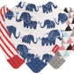 Nuby Reversible 100% Natural Cotton Muslin 3 Piece Teething Bib, Grey/Red/Blue, Arrows/Red Stripes/Elephants