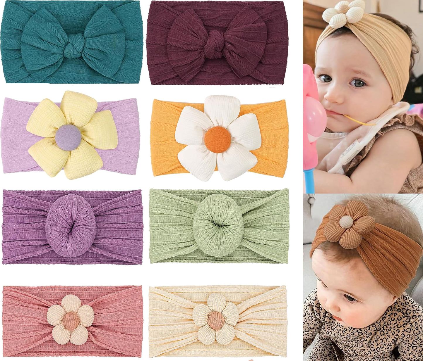 Sednria 8 Pcs Baby Flower Headbands Nylon Head Bands Soft Elastics Stretchy Cute Warm Hairbands Hair Bow Accessories For Girls N