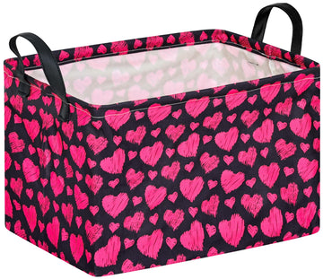 KUNRO Rectang Heart Pattern Valentines Storage Basket Gift Shelf Basket Storage Bin, Nursery Basket Organizer Box for With Hand