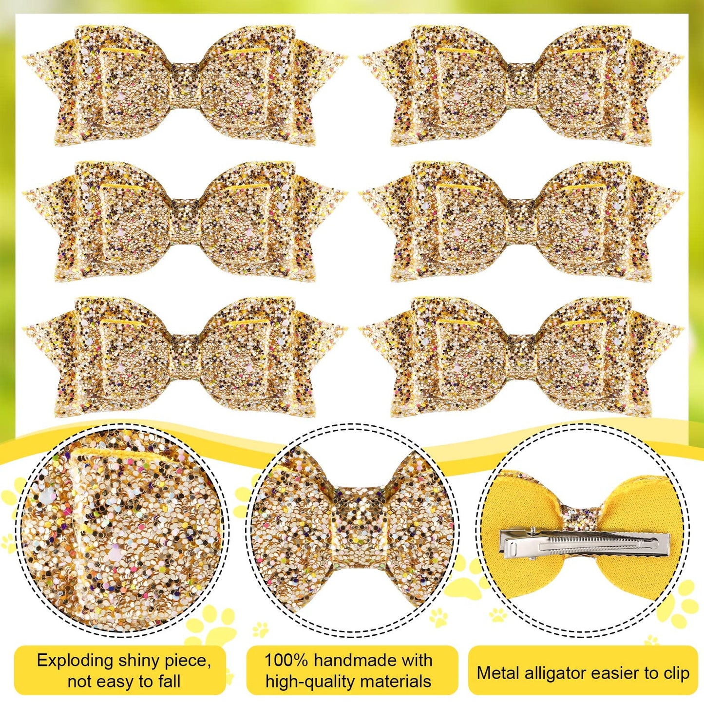 6 Pcs 5 Inch Glitter Sequin Boutique Hair Clips - Sparkly Bowed Accessories For Baby, Toddler, Teen Girls (Gold)