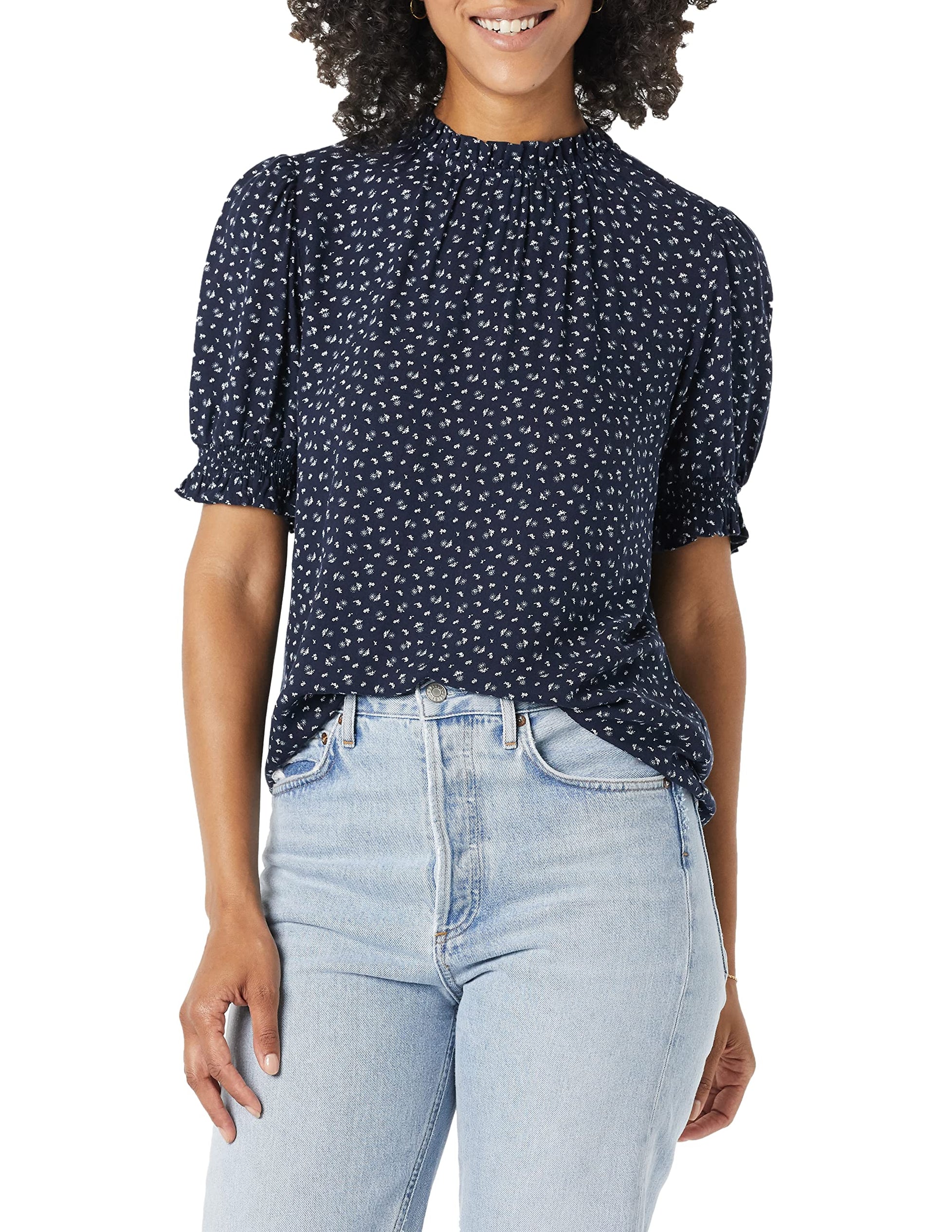 Amazon Essentials Womens Fluid Twill Short Puff Sleeve Smock Detail Shirt, Navy, Ditsy Print, X-Small