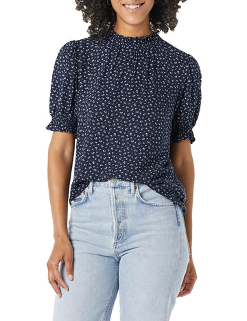 Amazon Essentials Womens Fluid Twill Short Puff Sleeve Smock Detail Shirt, Navy, Ditsy Print, X-Small