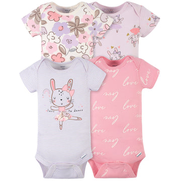 Gerber Baby Girls 4-Pack Short Sleeve Onesies Bodysuits, Bunny Ballerina Purple, 12 Months