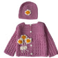 Hand Made 3 Piece Knitted Purple Baby Toddler Girl Button Up Warm Crochet Set- Newborn Toddler Wool Sweater Set Includes Booties