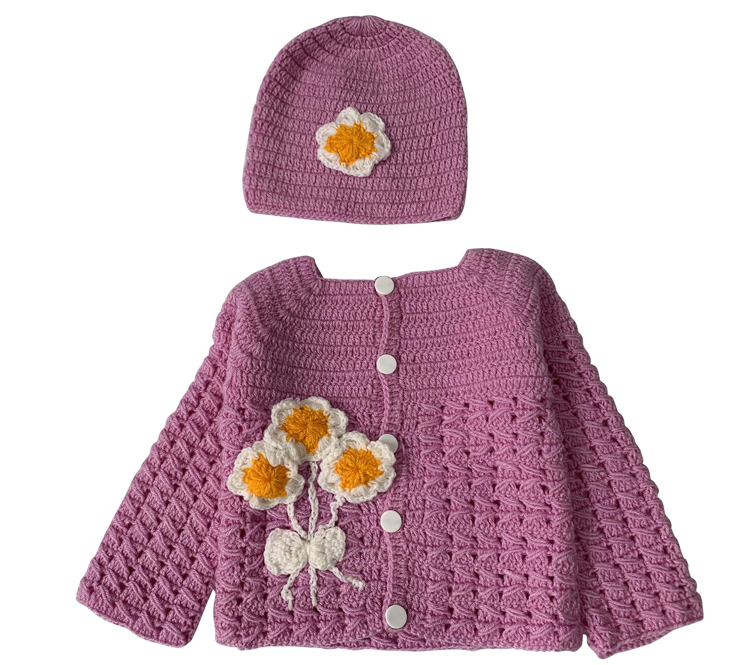Hand Made 3 Piece Knitted Purple Baby Toddler Girl Button Up Warm Crochet Set- Newborn Toddler Wool Sweater Set Includes Booties