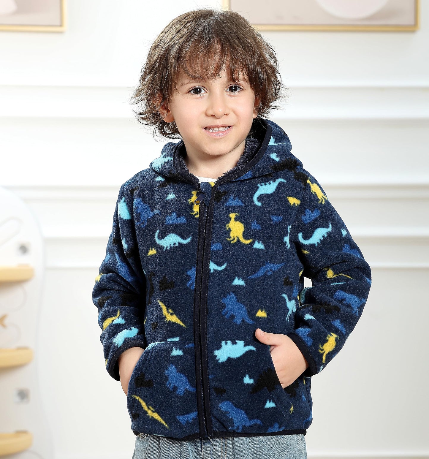 Feidoog Toddler Polar Fleece Jacket Hooded Baby Boys Girls Autumn Winter Long Sleeve Thick Warm Outerwear,Blue Dinosaur,1-2T