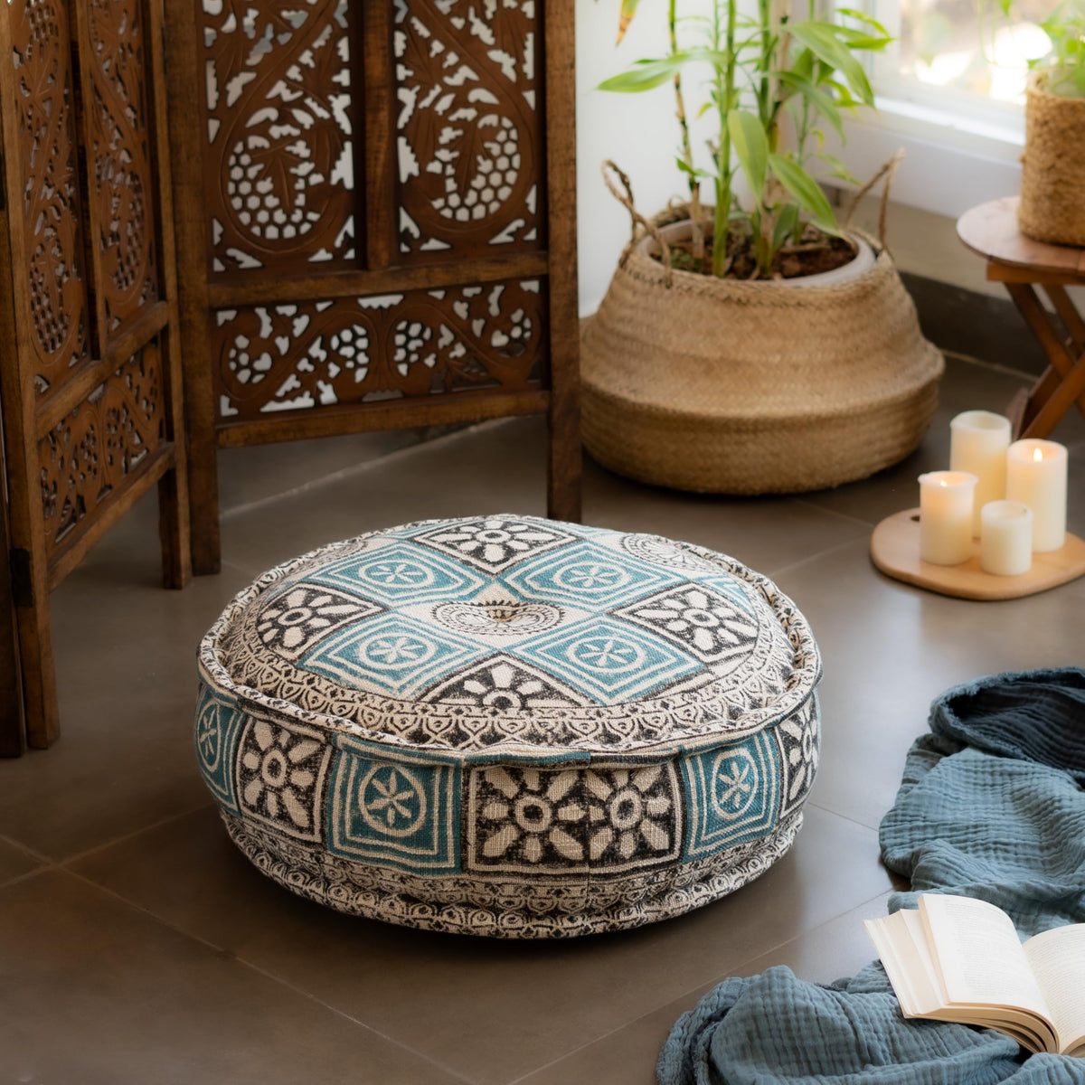 RITUALISTIC Teal Hand Block Print Round Floor Cushion | Floor Cushions for Living Room,Meditation,Reading Nook & Yoga | Home Dec