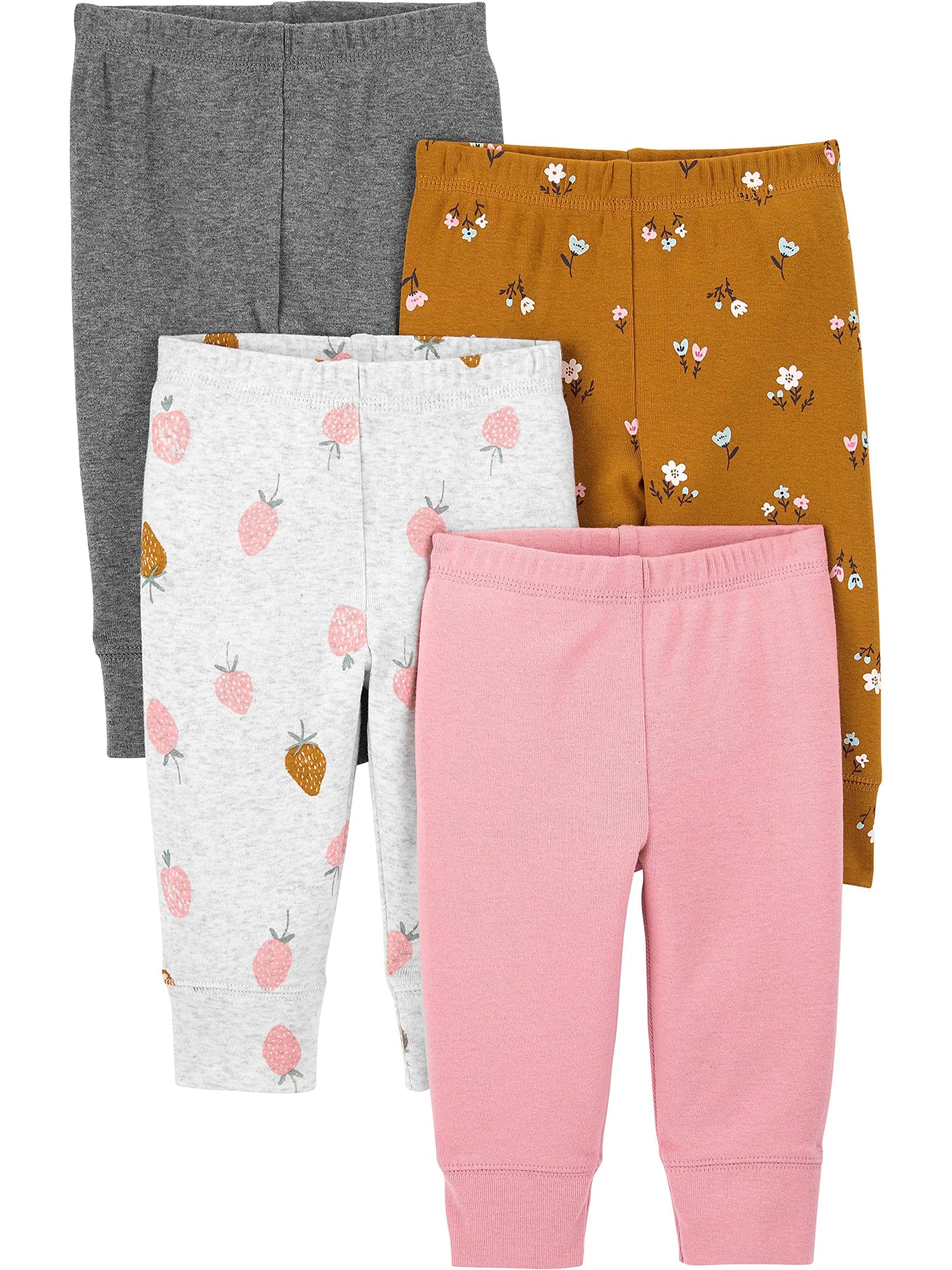 Simple Joys By Carter'S Baby Girls' 4-Pack Pant, Brown Floral/Grey Heather/Light Grey Strawberry/Pink Heather, 18 Months