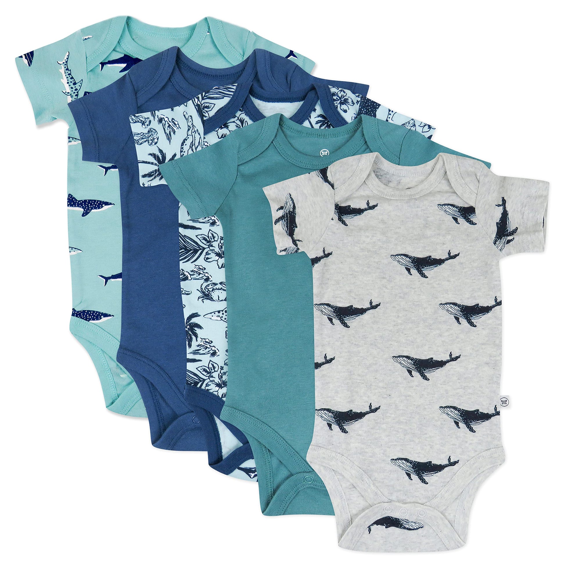 Honestbaby Unisex Baby Organic Cotton Short Sleeve Bodysuits Multi Pack And Toddler T-Shirt Set, 5 Pack Seaside Fun, 0-3 Months